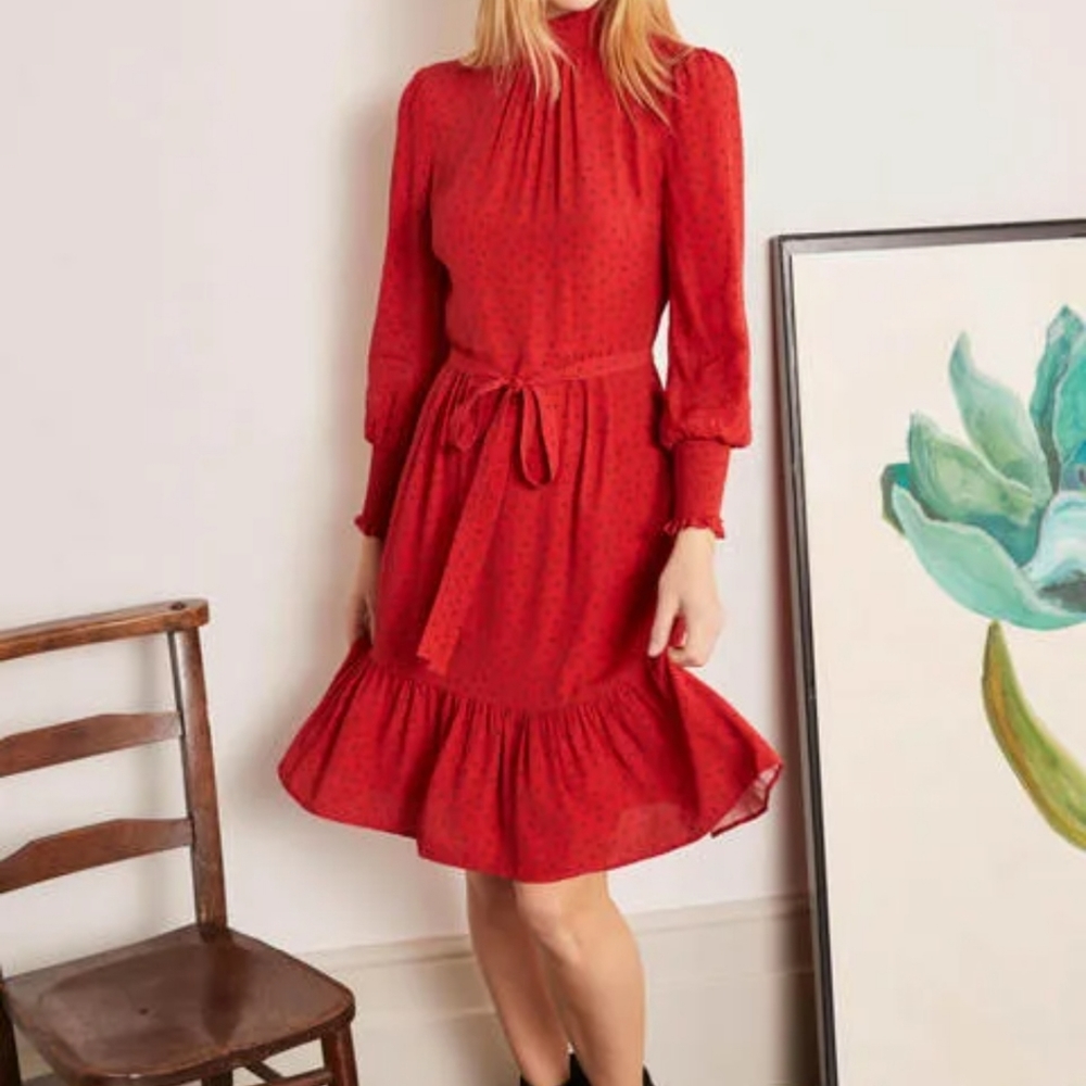 Boden Red Long Sleeve Midi Dress with Tie Waist